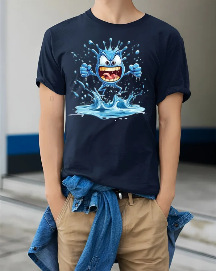 Crazy Splash Water Monster Cartoon Graphic T-Shirt Funny - model wearing navy shirt, hands in pockets