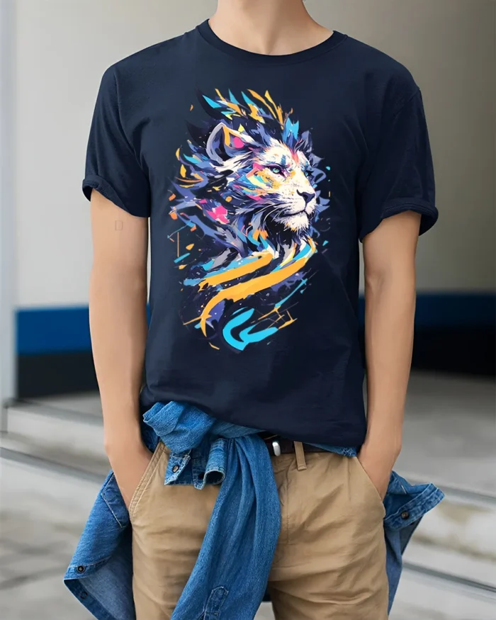 Abstract Neon Lion T-Shirt for Men Women Bold Art Print - model wearing navy shirt, hands in pockets