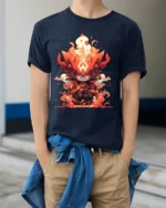 Fire Demon Chibi Warrior T-Shirt Anime Flame Art Design - model wearing navy shirt, hands in pockets