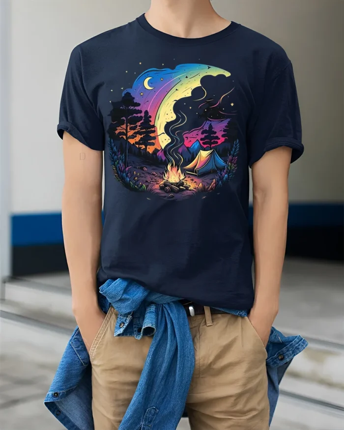 Colorful Night Camping T-Shirt with Moon and Campfire Art - model wearing navy shirt, hands in pockets
