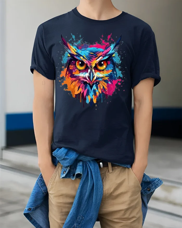 Color Splash Owl T-Shirt with Vibrant Artistic Design - model wearing navy shirt, hands in pockets