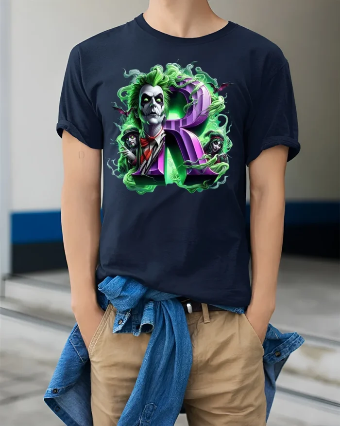 Green Haired Gothic Clown T-Shirt with Purple R Horror Art - model wearing navy shirt, hands in pockets