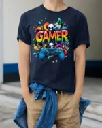 Colorful Gamer T-Shirt with Controller and Skull Graphics - model wearing navy shirt, hands in pockets