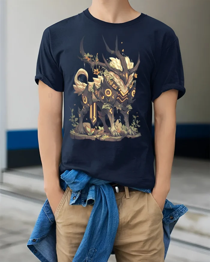 Mythic Forest Guardian Creature T-Shirt for Fantasy Lovers - model wearing navy shirt, hands in pockets