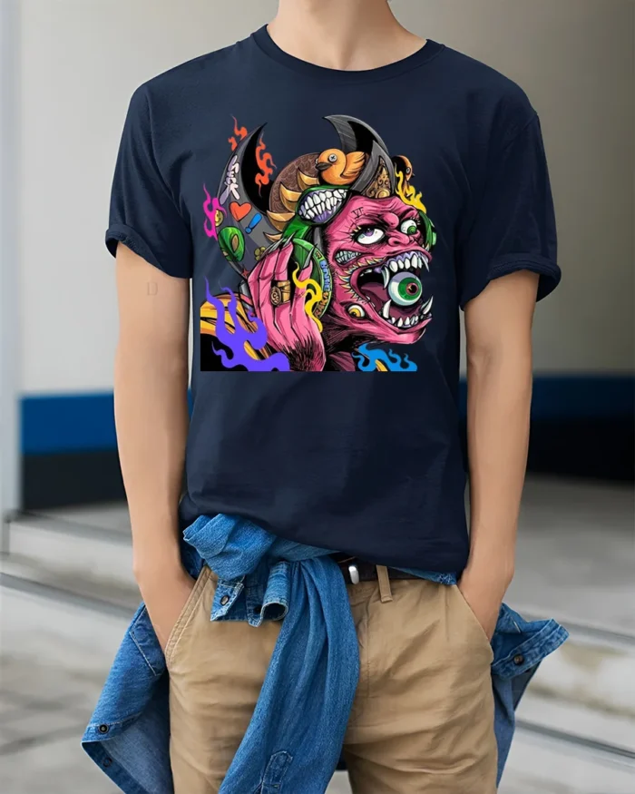 Psychedelic Monster T-Shirt with Eye-Popping Demon Art - model wearing navy shirt, hands in pockets