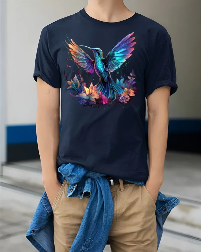Vibrant Hummingbird and Flowers T-Shirt for Nature Lovers - model wearing navy shirt, hands in pockets