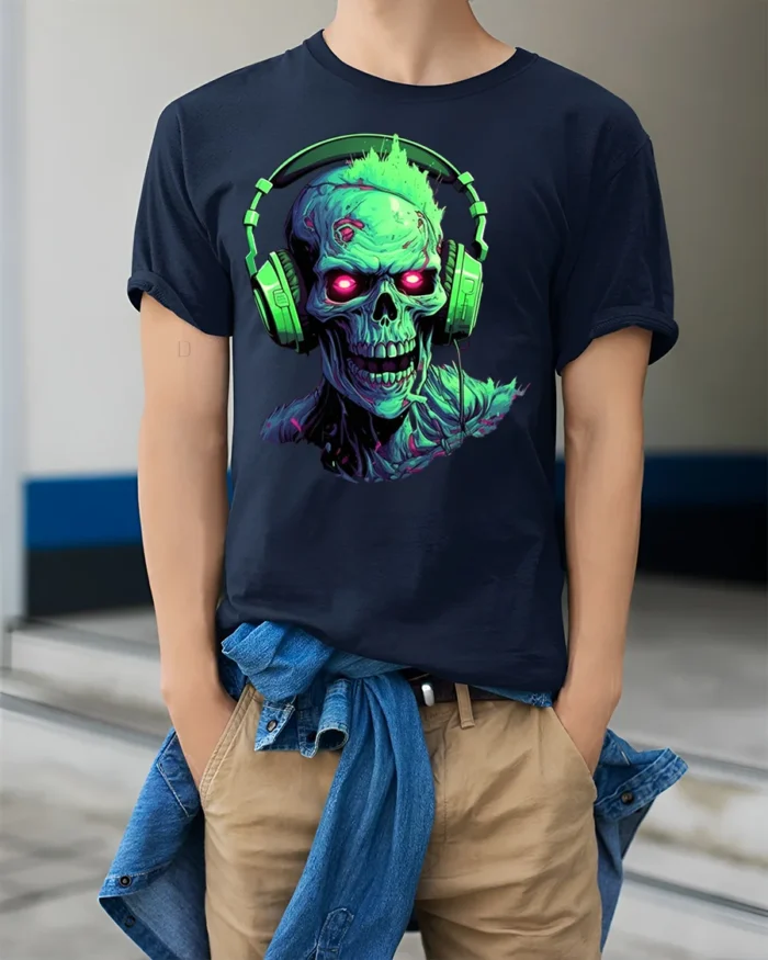 Neon Zombie Skull T-Shirt with Headphones Horror Design - model wearing navy shirt, hands in pockets