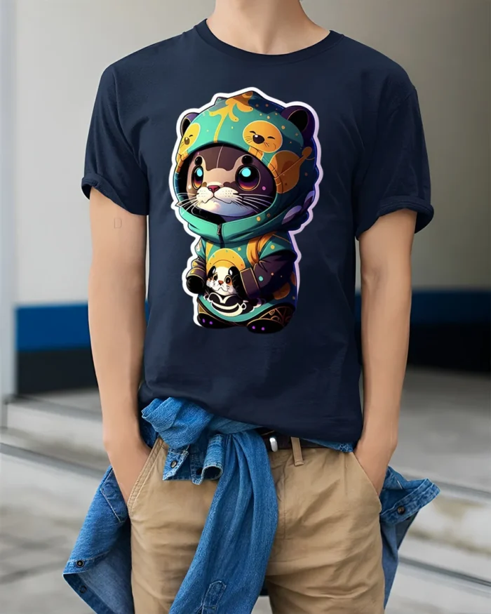 Cute Otter Hoodie T-Shirt with Cartoon Kawaii Animal Art - model wearing navy shirt, hands in pockets