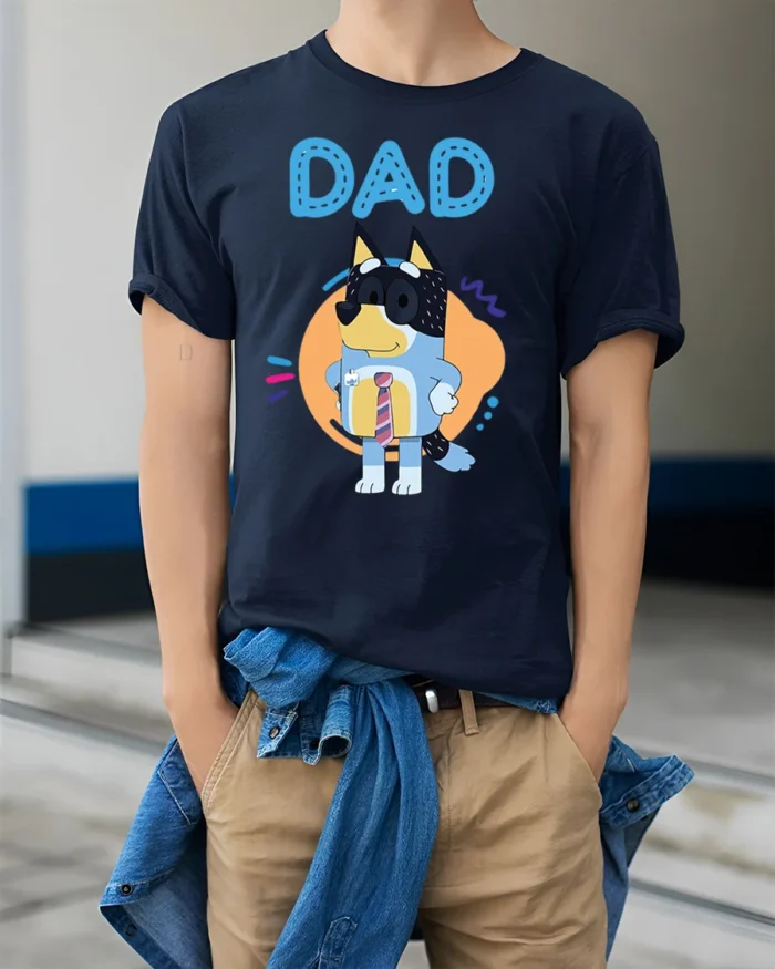 Cute Cartoon Dog Dad T-Shirt for Father’s Day Gift Idea - model wearing navy shirt, hands in pockets