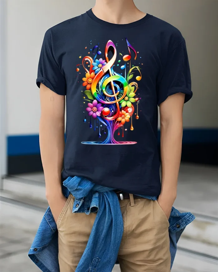 Rainbow Music Tree T-Shirt with Colorful Floral Notes - model wearing navy shirt, hands in pockets