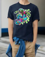 Zombie Skater T-Shirt with Neon Colors and Slime Graphic - model wearing navy shirt, hands in pockets