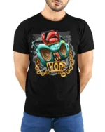 Hip Hop Boombox Graphic T-Shirt with Gold Chain Art - model wearing black shirt, hands behind back