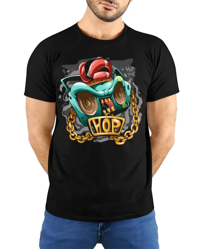 Hip Hop Boombox Graphic T-Shirt with Gold Chain Art - model wearing black shirt, hands behind back