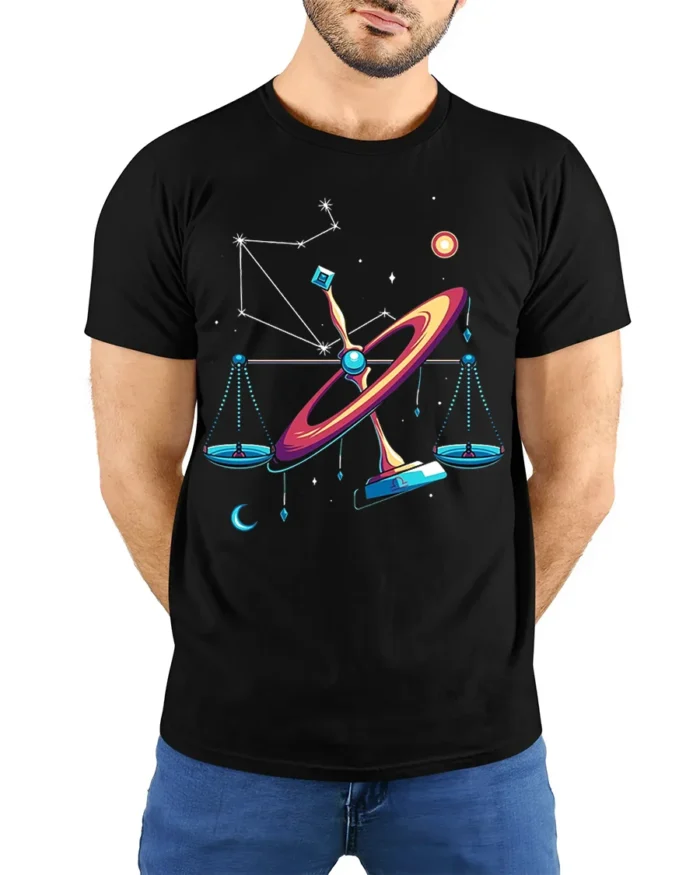 Libra Constellation Cosmic Balance Art T-Shirt Unisex - model wearing black shirt, hands behind back