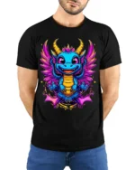 Cute Neon Baby Dragon T-Shirt with Colorful Wings Art - model wearing black shirt, hands behind back