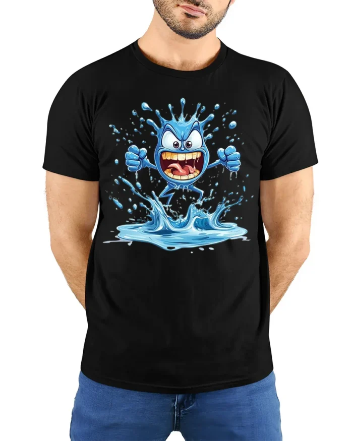 Crazy Splash Water Monster Cartoon Graphic T-Shirt Funny - model wearing black shirt, hands behind back