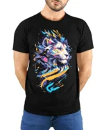 Abstract Neon Lion T-Shirt for Men Women Bold Art Print - model wearing black shirt, hands behind back