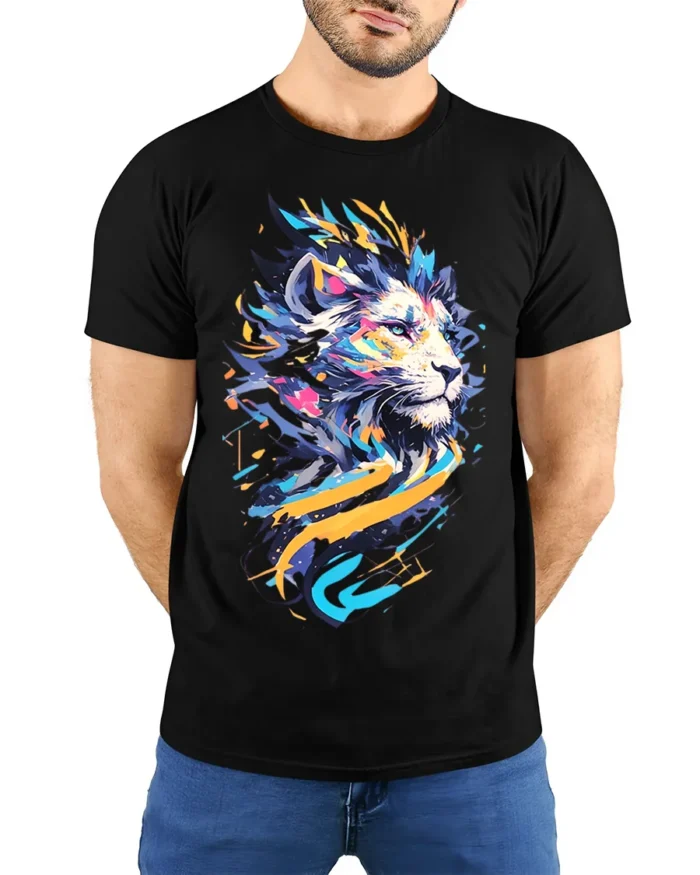 Abstract Neon Lion T-Shirt for Men Women Bold Art Print - model wearing black shirt, hands behind back