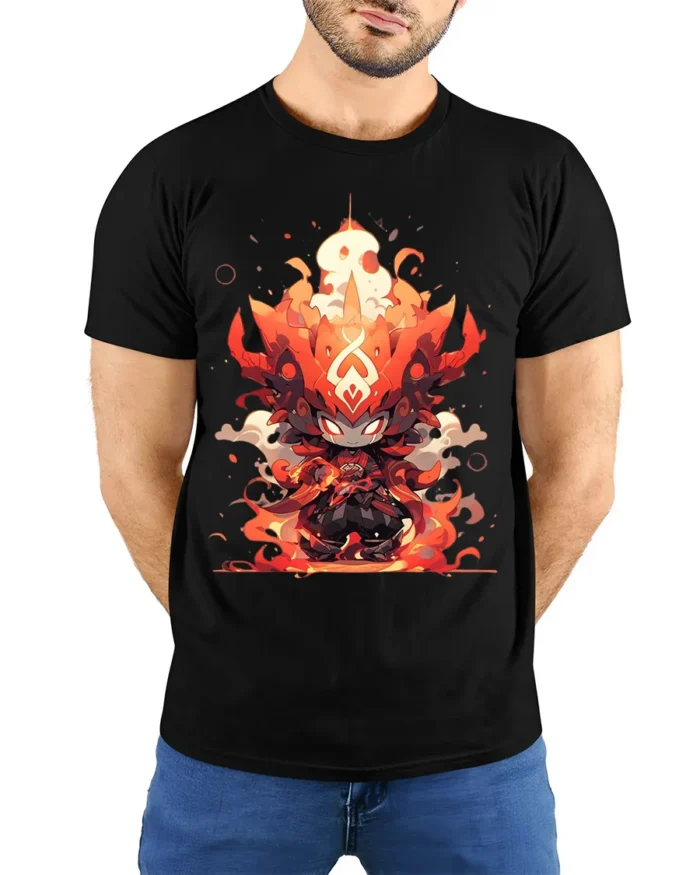 Fire Demon Chibi Warrior T-Shirt Anime Flame Art Design - model wearing black shirt, hands behind back