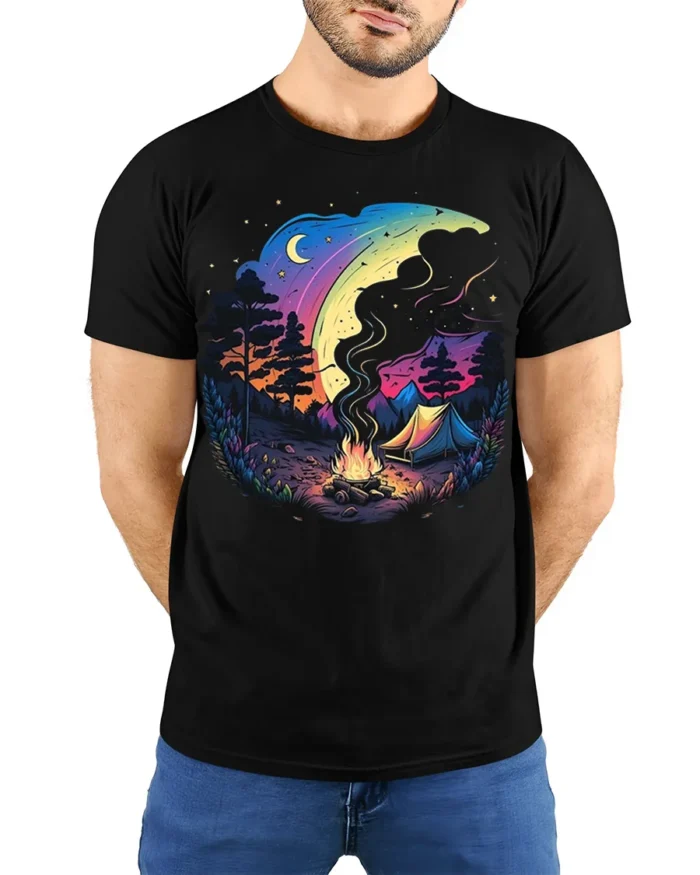 Colorful Night Camping T-Shirt with Moon and Campfire Art - model wearing black shirt, hands behind back