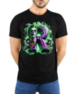 Green Haired Gothic Clown T-Shirt with Purple R Horror Art - model wearing black shirt, hands behind back