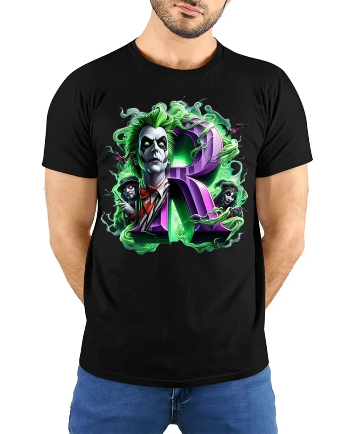 Green Haired Gothic Clown T-Shirt with Purple R Horror Art - model wearing black shirt, hands behind back