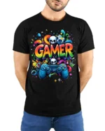 Colorful Gamer T-Shirt with Controller and Skull Graphics - model wearing black shirt, hands behind back