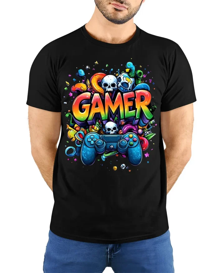 Colorful Gamer T-Shirt with Controller and Skull Graphics - model wearing black shirt, hands behind back