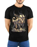 Mythic Forest Guardian Creature T-Shirt for Fantasy Lovers - model wearing black shirt, hands behind back