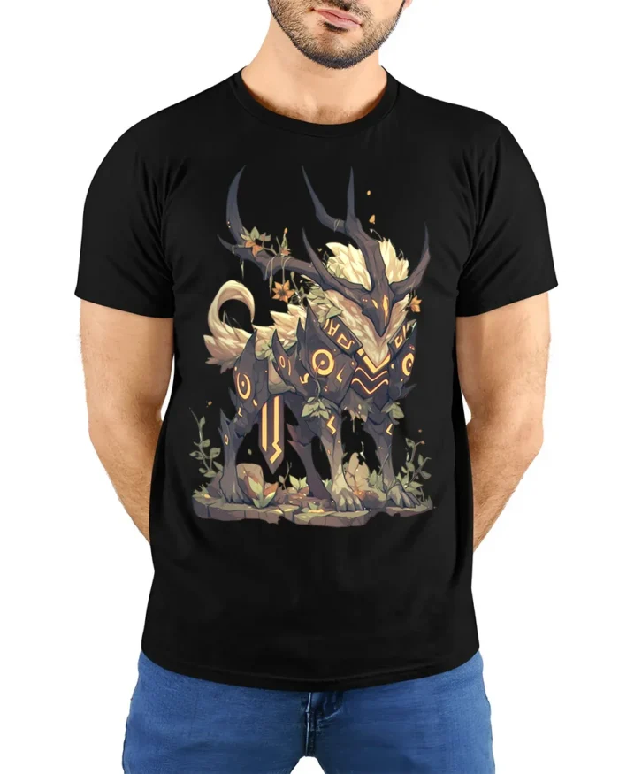 Mythic Forest Guardian Creature T-Shirt for Fantasy Lovers - model wearing black shirt, hands behind back