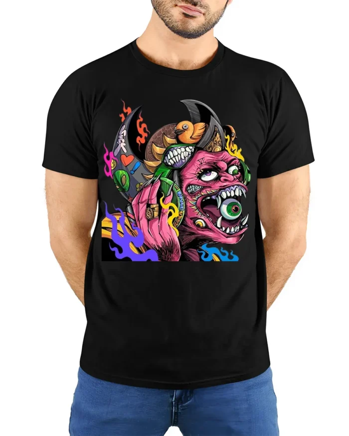 Psychedelic Monster T-Shirt with Eye-Popping Demon Art - model wearing black shirt, hands behind back