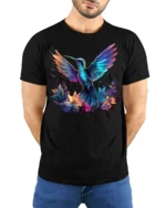 Vibrant Hummingbird and Flowers T-Shirt for Nature Lovers - model wearing black shirt, hands behind back