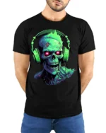 Neon Zombie Skull T-Shirt with Headphones Horror Design - model wearing black shirt, hands behind back