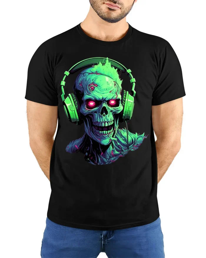 Neon Zombie Skull T-Shirt with Headphones Horror Design - model wearing black shirt, hands behind back