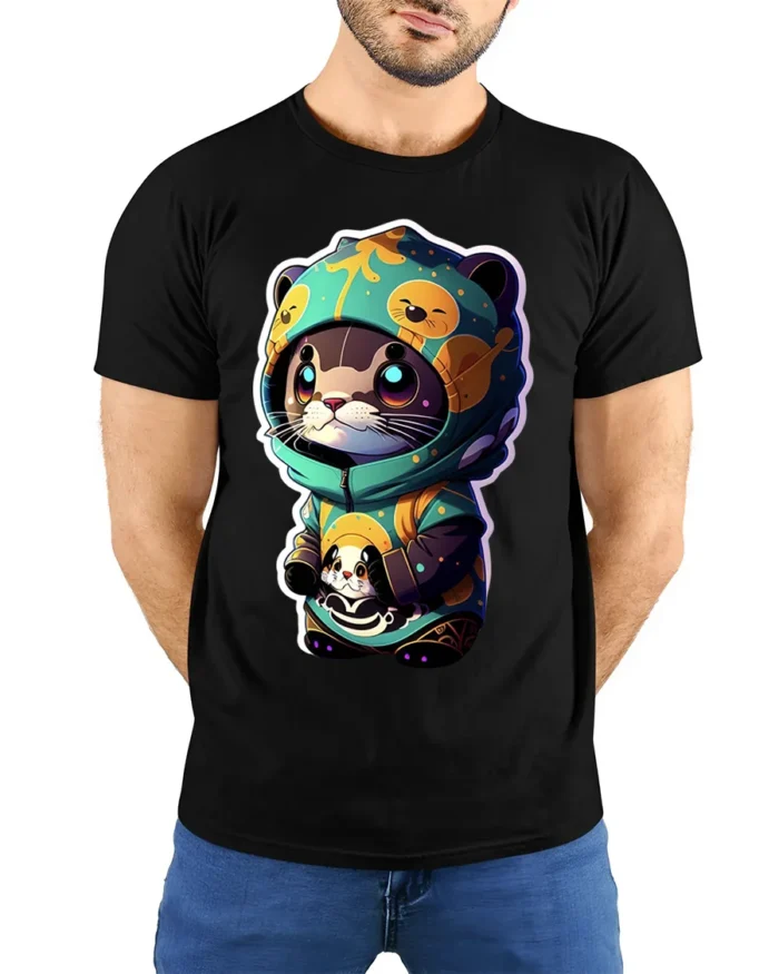 Cute Otter Hoodie T-Shirt with Cartoon Kawaii Animal Art - model wearing black shirt, hands behind back