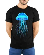Glowing Blue Jellyfish T-Shirt for Ocean and Sea Lovers - model wearing black shirt, hands behind back