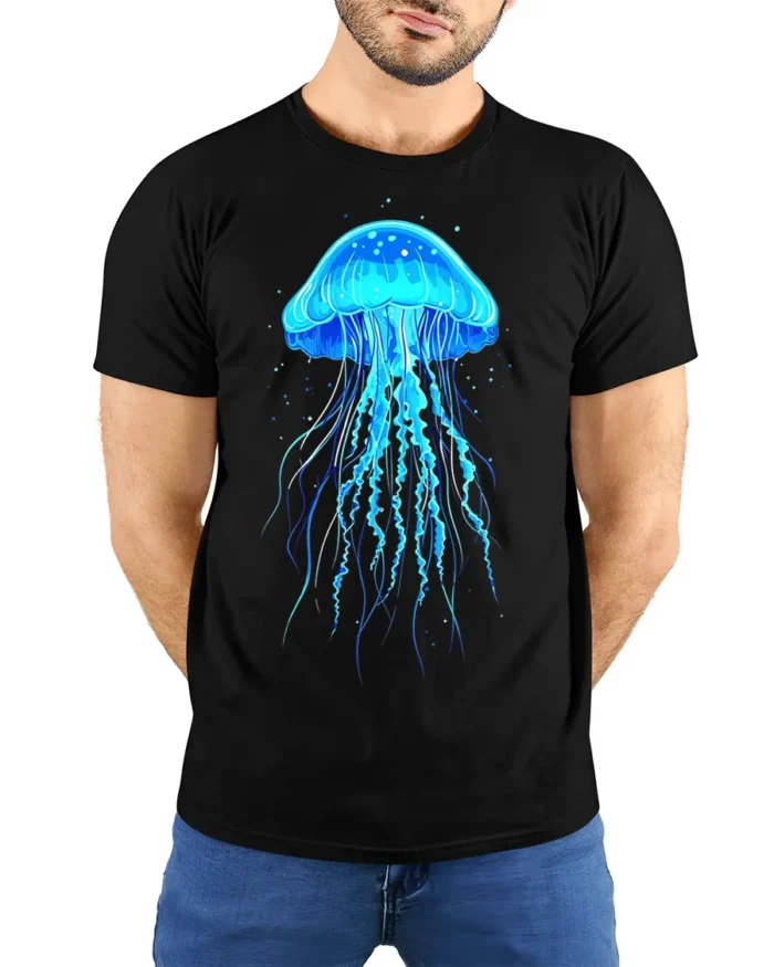 Glowing Blue Jellyfish T-Shirt for Ocean and Sea Lovers - model wearing black shirt, hands behind back