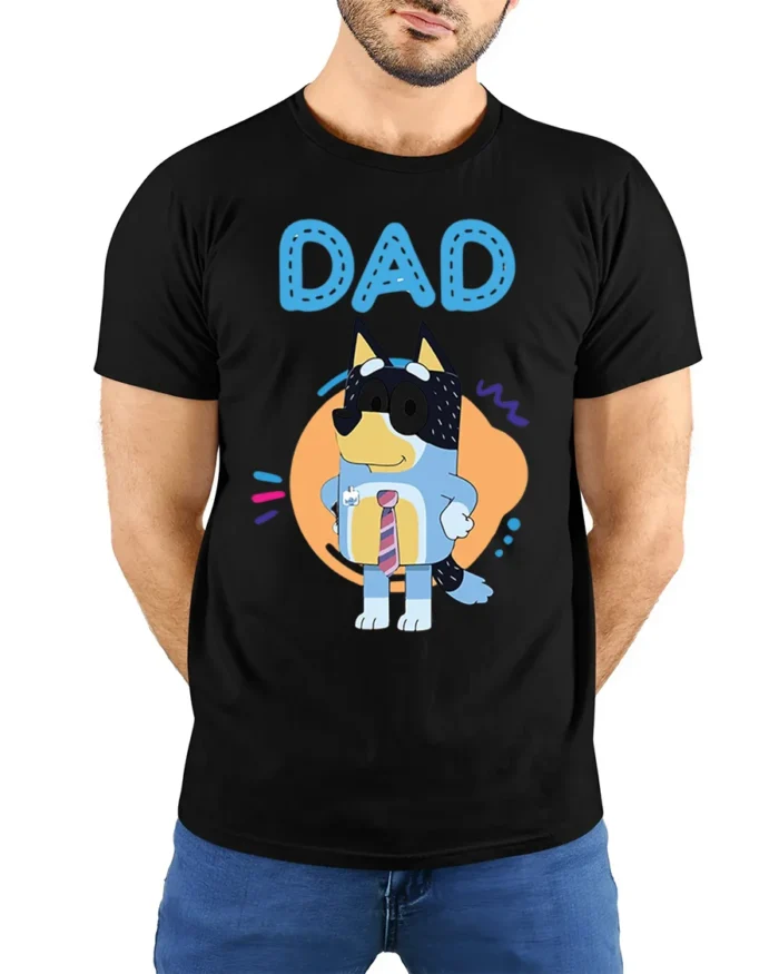 Cute Cartoon Dog Dad T-Shirt for Father’s Day Gift Idea - model wearing black shirt, hands behind back