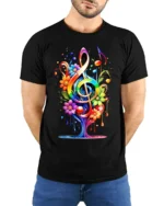 Rainbow Music Tree T-Shirt with Colorful Floral Notes - model wearing black shirt, hands behind back