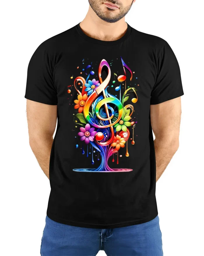 Rainbow Music Tree T-Shirt with Colorful Floral Notes - model wearing black shirt, hands behind back