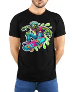 Zombie Skater T-Shirt with Neon Colors and Slime Graphic - model wearing black shirt, hands behind back