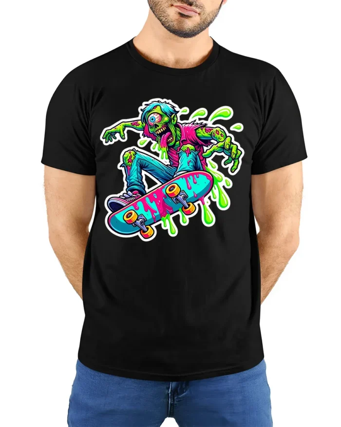 Zombie Skater T-Shirt with Neon Colors and Slime Graphic - model wearing black shirt, hands behind back