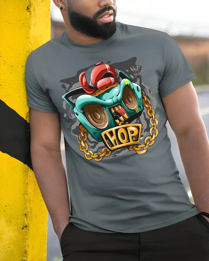 Hip Hop Boombox Graphic T-Shirt with Gold Chain Art - model in grey shirt leaning against column