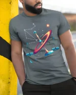 Libra Constellation Cosmic Balance Art T-Shirt Unisex - model in grey shirt leaning against column
