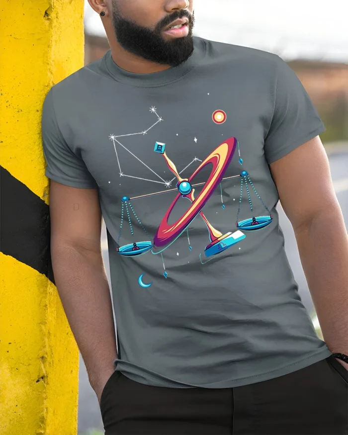 Libra Constellation Cosmic Balance Art T-Shirt Unisex - model in grey shirt leaning against column