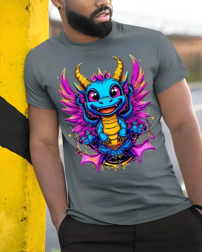 Cute Neon Baby Dragon T-Shirt with Colorful Wings Art - model in grey shirt leaning against column