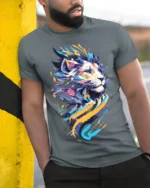 Abstract Neon Lion T-Shirt for Men Women Bold Art Print - model in grey shirt leaning against column