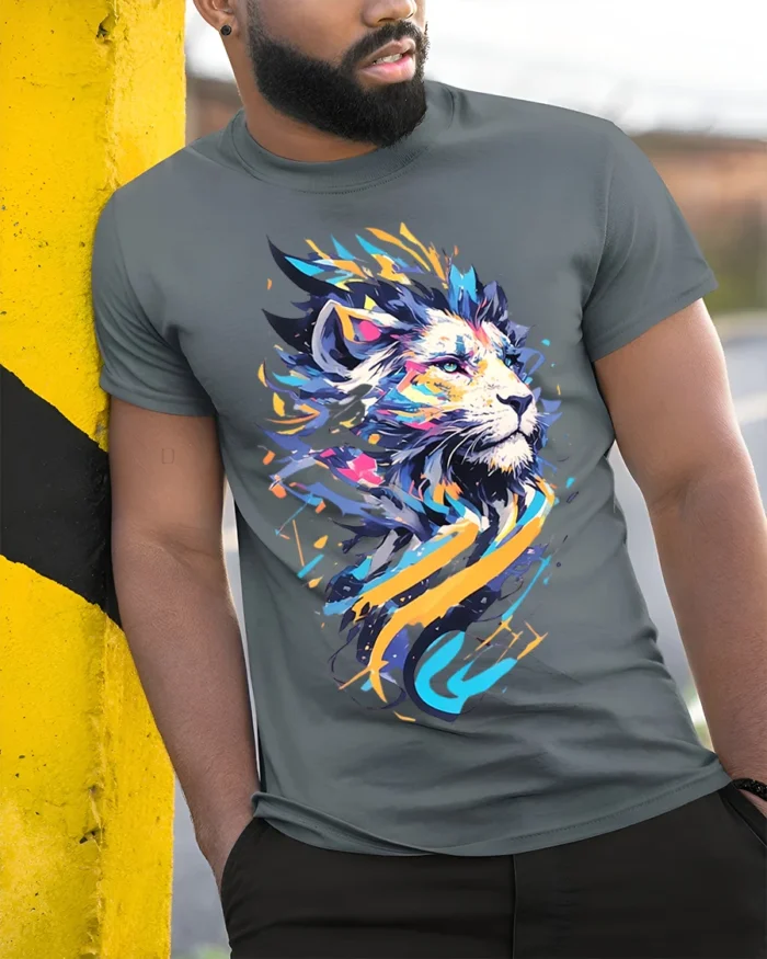 Abstract Neon Lion T-Shirt for Men Women Bold Art Print - model in grey shirt leaning against column