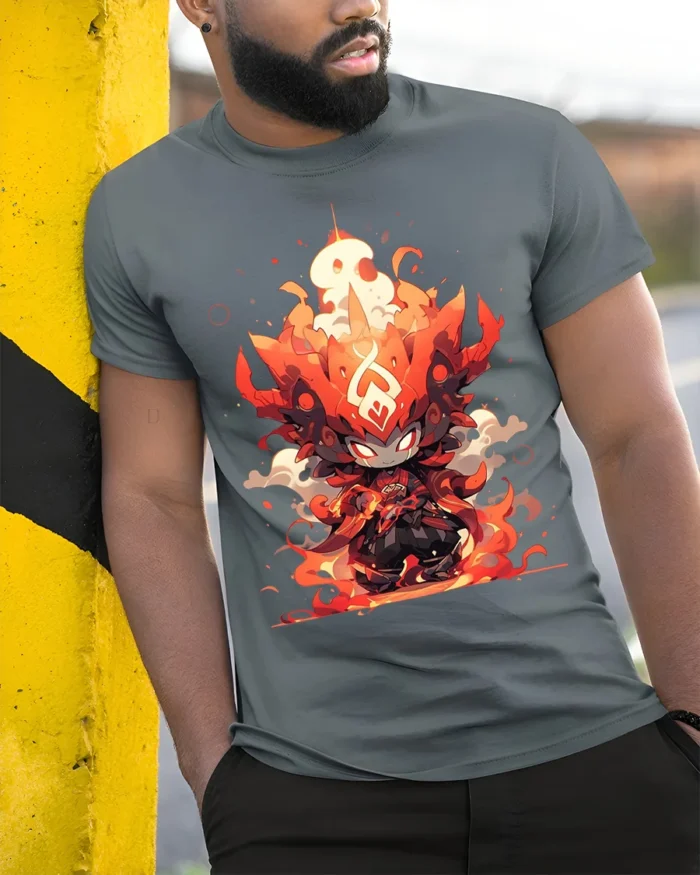 Fire Demon Chibi Warrior T-Shirt Anime Flame Art Design - model in grey shirt leaning against column
