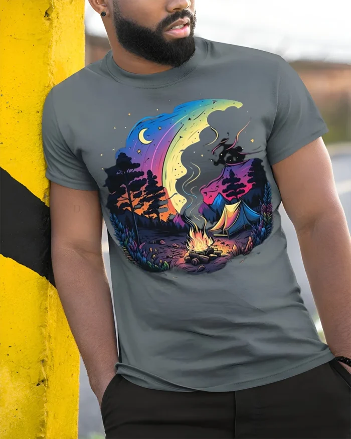 Colorful Night Camping T-Shirt with Moon and Campfire Art - model in grey shirt leaning against column